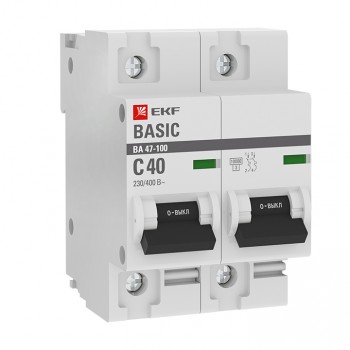EKF Автоматический выключатель 2P 40А (C) 10kA ВА 47-100 EKF Basic mcb47100-2-40C-bas