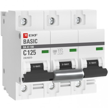 EKF Автоматический выключатель 3P 125А (C) 10kA ВА 47-100 EKF Basic mcb47100-3-125C-bas